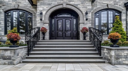 Elegant Stone House Entrance with Stylish Landscaping