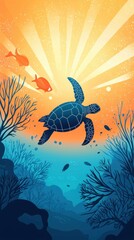 Fototapeta premium Diver Encounters Massive Sea Turtle Underwater Scene