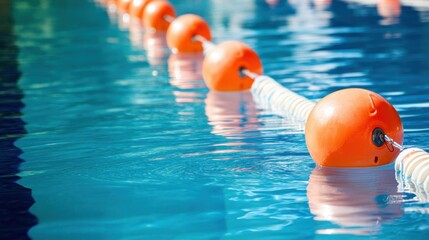 A swimming pool lane divider with floating buoys and ripples, outdoor setting with clear blue water, Fluid style