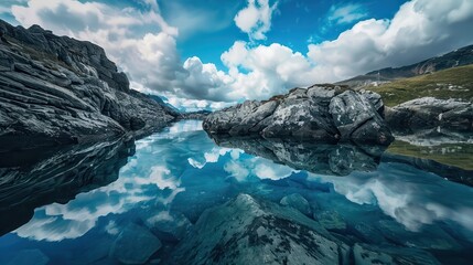 Majestic mountain landscape with crystal clear water reflecting clouds and rocky terrain in a serene wilderness setting