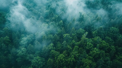 Obraz premium Lush green forest blanketed in mist, showcasing vibrant trees at dawn in a serene natural landscape