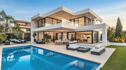 Fototapeta premium Modern Villa with Pool and Lush Garden