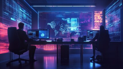 AI cyber security concept. Diverse IT specialist team analyzing artificial intelligence online risk threats to consumer data & privacy. Software developers coding & ethical hacking in dark office.