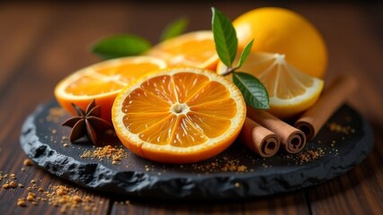 Traditional ingredients for making mulled wine: cinnamon sticks, nutmeg, cardamom, ginger root, star anise, kumquat, candied orange and lemon. A set of spices for making mulled wine