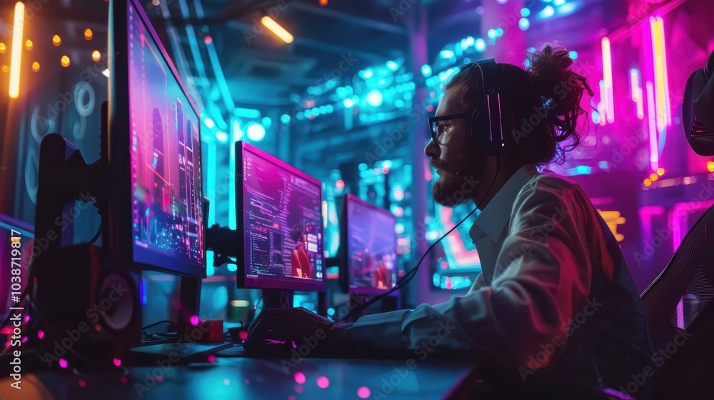 Poster developer coding in a dark room with neon lights