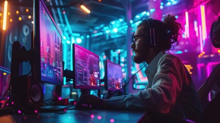 Developer Coding in a Dark Room with Neon Lights