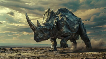 Fototapeta premium A giant rhinoceros strides through a barren landscape under a dramatic cloudy sky at dusk, showcasing its immense size and power