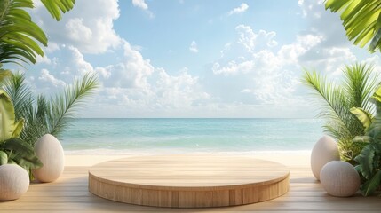 Fototapeta premium Serene beach scene with a wooden platform surrounded by lush plants and ocean views.