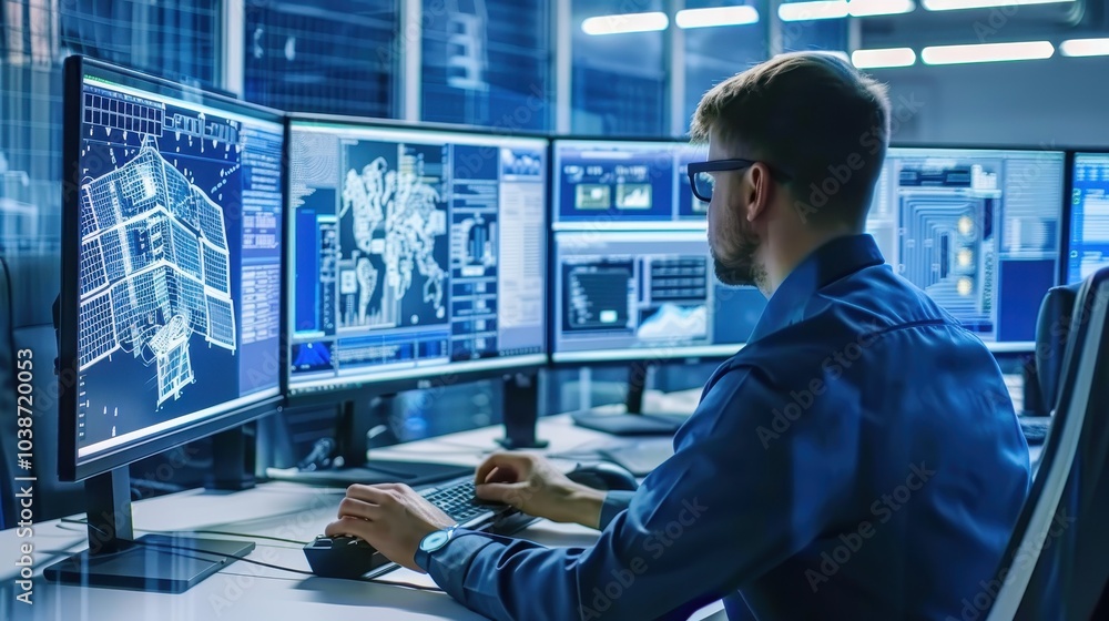 Poster engineer design 3d model on high-end computer setup