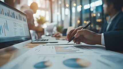 Asian business adviser meeting to analyze and discuss the situation on the financial report in the meeting room.Investment Consultant, Financial advisor and accounting concept