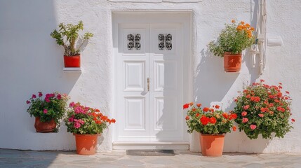 Charming White Doorway with Colorful Flower Pots