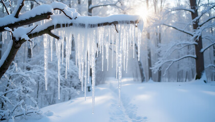Naklejka premium Crystalline icicles glistening magically on snow-laden branch in winter wonderland 
