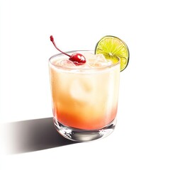 A colorful cocktail with ice, a cherry, and a lime slice in a glass.
