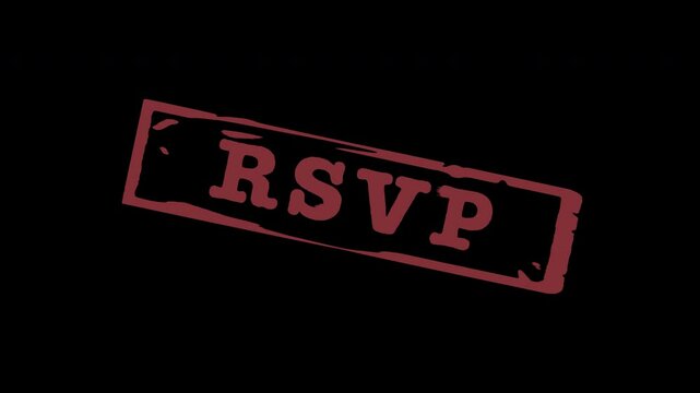 RSVP party invitation invite rubber stamp with RSVP text that is isolated with a transparent background alpha channel for use as an instant overlay that animates on and fades away 4K