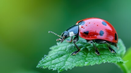 Fototapeta premium A close-up view of a vibrant ladybug resting on a green leaf in a sunlit garden during a warm spring afternoon
