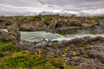 Akureyri, Iceland - August 9, 2024: Views of the Godafoss Falls in the region outside of Akureyri, Iceland

