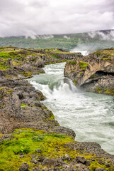 Akureyri, Iceland - August 9, 2024: Views of the Godafoss Falls in the region outside of Akureyri, Iceland
