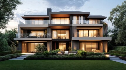 Modern Residential Architecture at Dusk with Garden