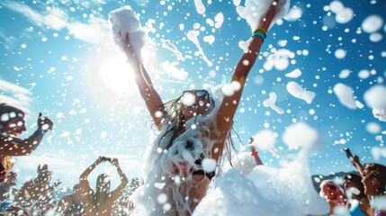 Fun-filled foam party with enthusiastic participants enjoying the sunny day at a beach location