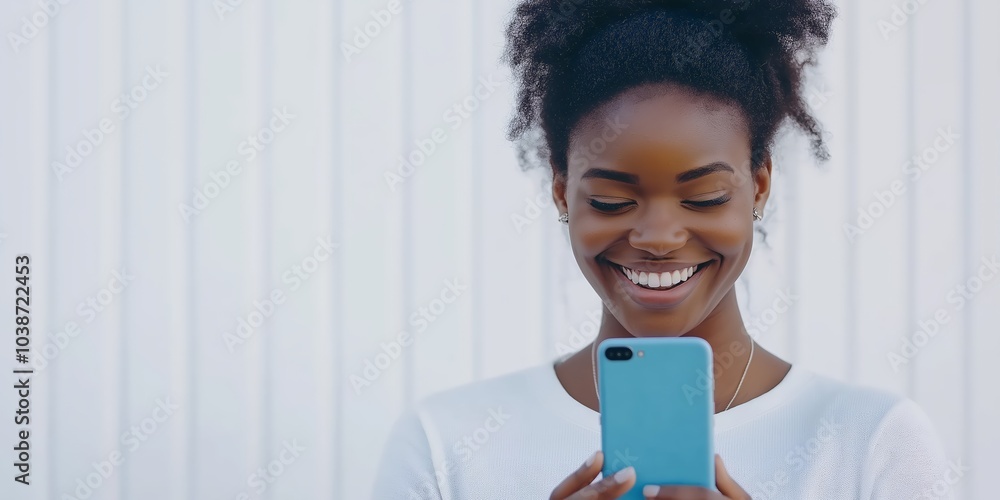 Wall mural young smiling woman using mobile phone against white background