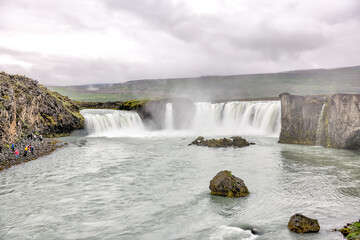 Akureyri, Iceland - August 9, 2024: Views of the Godafoss Falls in the region outside of Akureyri, Iceland
