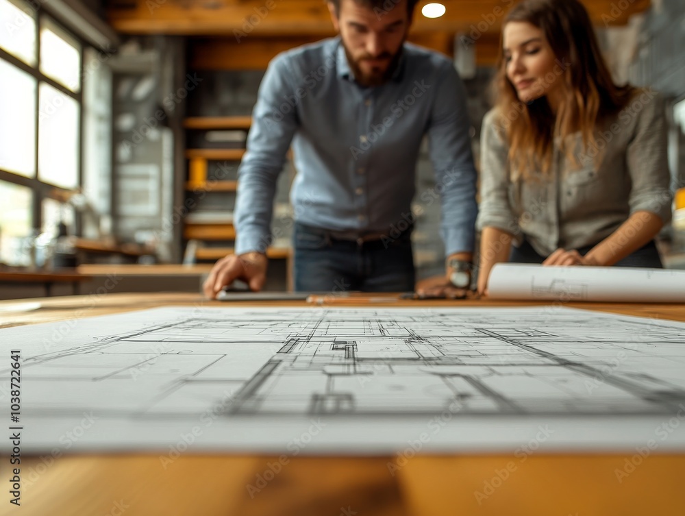 Poster many human engineer and architect blueprint design on table