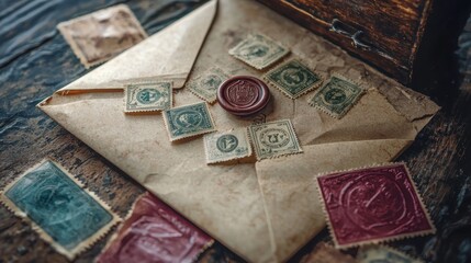 Vintage Postage Stamps on Old Paper Envelope