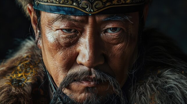 Genghis Khan portrait highlighting intense expression in historical attire against a dark backdrop