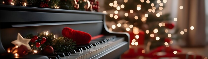 A black piano with red decorations on it and a Christmas tree in the background
