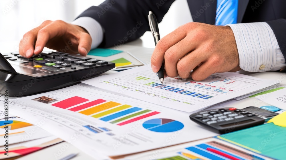 Aufkleber businessman analyzing a marketing plan while an accountant calculates financial reports using a comp