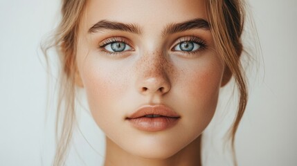 Naklejka premium Natural Beauty Portrait with Freckles and Blue Eyes