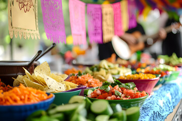 Mexican food spread with papel picado decorations at a festive gathering