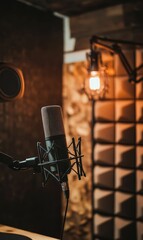 Studio microphone with shock mount in a recording booth.