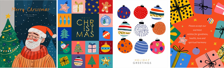 Merry Christmas and Happy New Year! 2025. Vector modern cute illustration of Christmas tree balls, toys, man in Santa hat, gift, frame, icons, for greeting card, postcard, poster, flyer or background