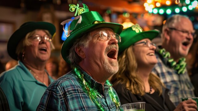 Festive St. Patrick's Day Karaoke: Lively Group Singing and Celebrating in Green Attire