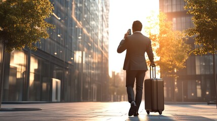 Businessman, phone call and walking with suitcase in city for conversation, travel or work trip outside building. Man or employee talking on mobile smartphone with bag for outdoor business proposal