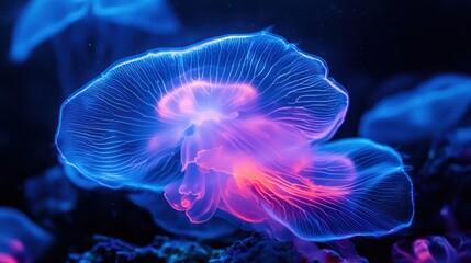 A vibrant jellyfish illuminated by neon colors in a dark underwater setting.