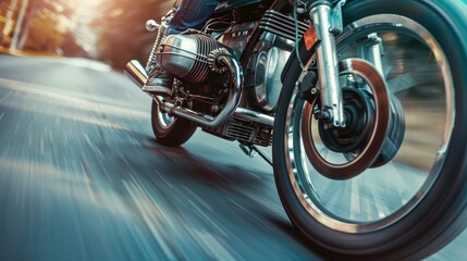Fototapeta premium A rider accelerates on a sleek motorcycle along a winding road during a sunny afternoon, capturing the thrill of speed and freedom
