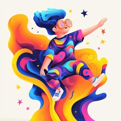 A vibrant illustration of a person with colorful hair and glasses, joyfully floating amidst abstract shapes.