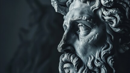 Obraz premium Detailed close-up of a classical statue with intricate features highlighting artistry and craftsmanship in a dimly lit environment