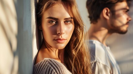 Fototapeta premium A woman experiences feelings of jealousy while standing beside a pensive man in a sunlit interior setting, highlighting emotional tension between them
