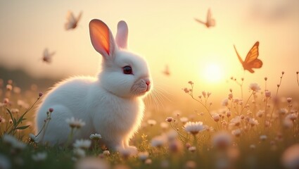 White bunny in flower field at sunset with butterflies perfect for text overlay