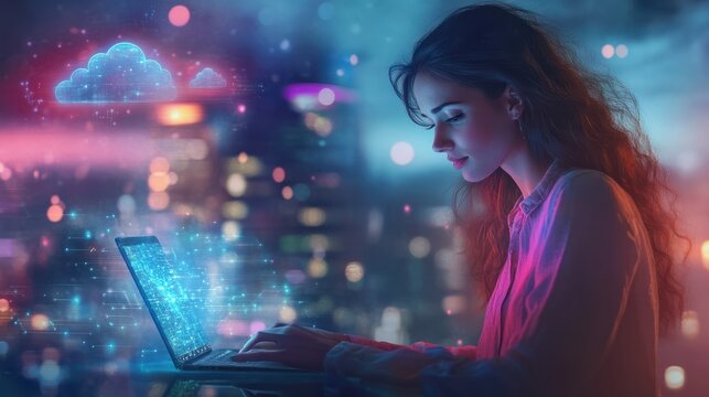 Businesswomen is using a laptop to access the cloud computing system, cloud computing, big data, internet of things, business processes, various storage systems