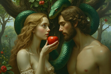 Adam and Eve in the Garden of Eden. green serpent, snake with red apple. Eve giving Adam the forbidden fruit. Bible. Old Testament. Creation. Genesis. God created first man and woman