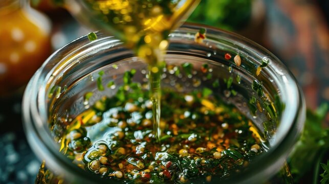 Fresh herbs and spices being poured into a glass jar for flavorful marinating sauce preparation at home kitchen