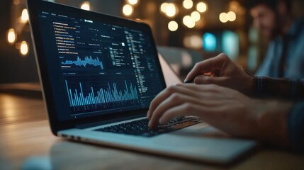 Close up of Business team analyzing income charts and graphs with modern laptop computer. Business analysis and strategy concept.