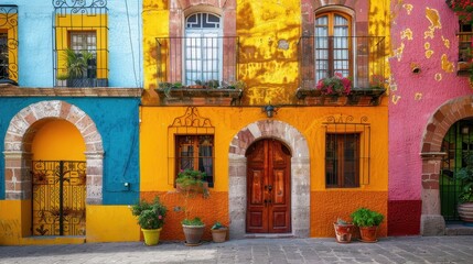 Obraz premium Vibrant colorful buildings in San Miguel de Allende showcasing traditional Mexican architecture and lush potted plants in vibrant hues