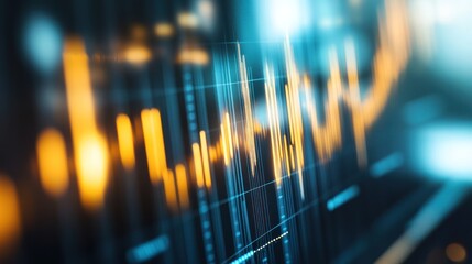 Abstract visualization of data trends with glowing lines and bars on a digital interface.