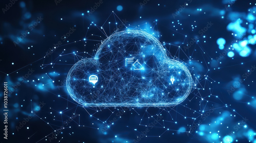Poster cloud computing technology concept transfer database to cloud. there is a prominent large cloud icon