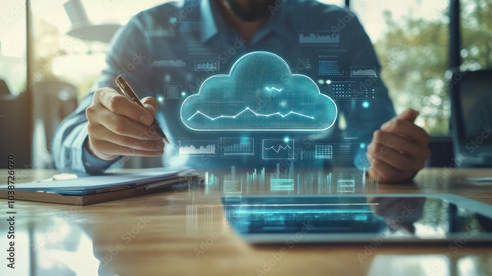 Poster cloud security. businessman analyzing cloud security metrics and data trends graph displayed on offi